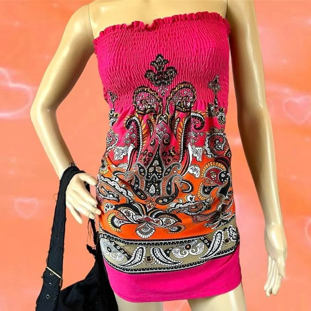 Y2K Vibrant Colorful Paisley Strapless Summer Dress - Picture 3 of 5